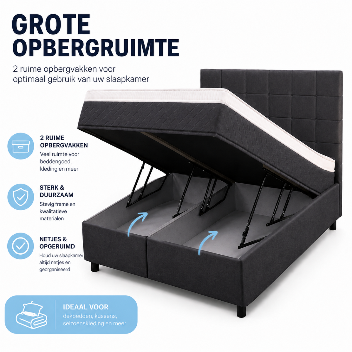 Boxspring compleet | Opbergruimte | Bed antraciet